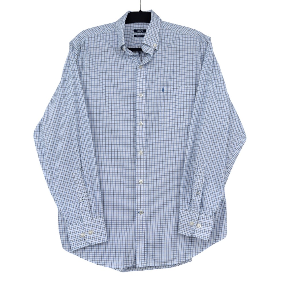 IZOD Premium Essentials Button Down Mens M 100% Cotton Blue White Check‎ Shirt